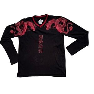 Original Gravity Men’s Long-Sleeved Black T-shirt Red Dragon Print Size Medium